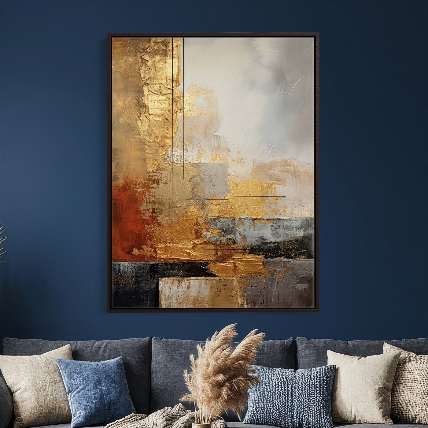 98453723G-MGV-CV-24X36 - Gold Abstract Canvas Wall Art, Luxury Textured Style Gold Leaf Painting Print, Modern Glam Decor, Gold Grey Rust Abstract Art, Living Room Statement Art
