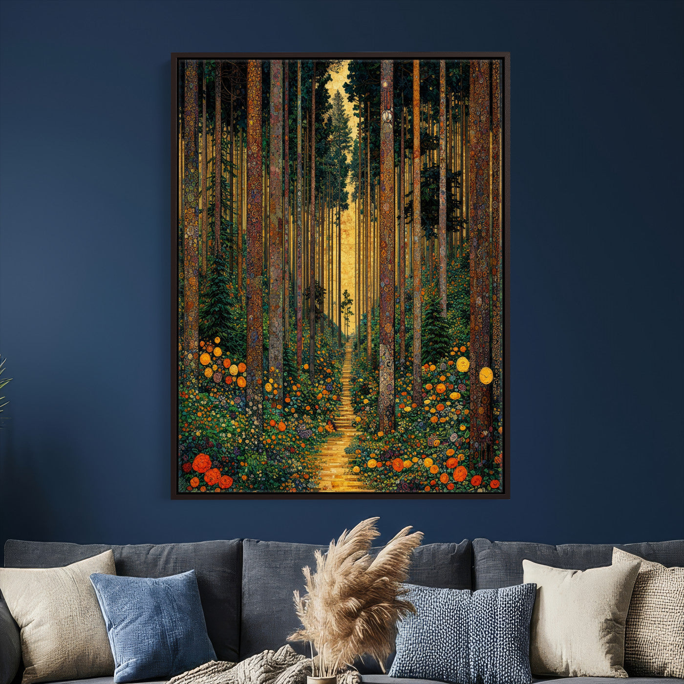 14391546-MGV-CV-24X36 - Gustav Klimt Style Forest Canvas Wall Art, Golden Forest Path Floral Art Nouveau Print, Enchanted Woodland Decor, Maximalist Colorful Nature Art