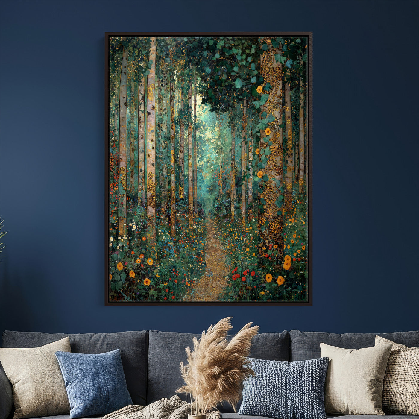 76587981-MGV-CV-24X36 - Gustav Klimt Style Forest Canvas Wall Art, Golden Forest Path Floral Art Nouveau Print, Enchanted Woodland Decor, Maximalist Colorful Nature Art