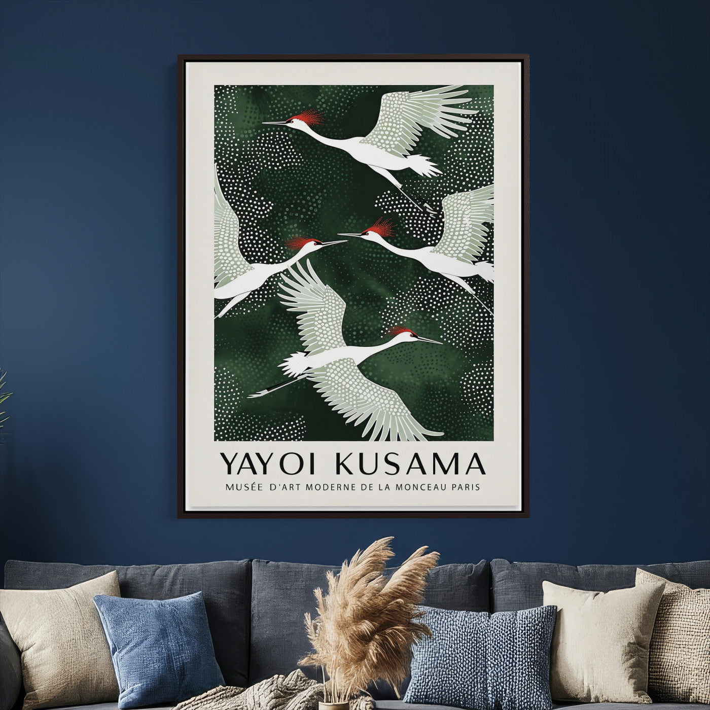 63036906-MGV-CV-24X36 - Yayoi Kusama Crane Bird Wall Art Canvas Print, Japanese Inspired Flying Heron Framed Artwork, Green Botanical Nature Decor for Living Room Bedroom Office
