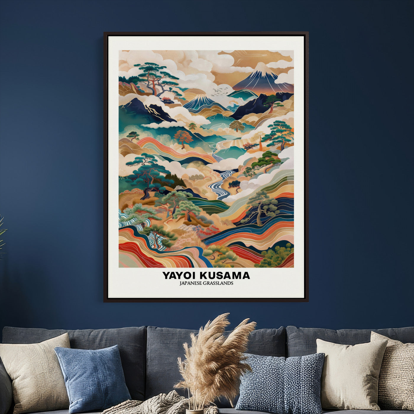 71553303-MGV-CV-24X36 - Yayoi Kusama Japanese Landscape Wall Art Canvas Print, Colorful Mountain and River Framed Artwork, Nature Inspired Asian Scenic Decor for Living Room Bedroom Office