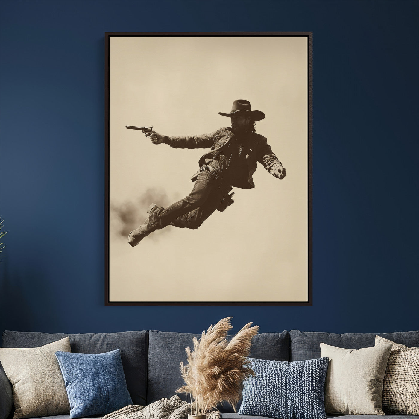11948430CW-MGV-CV-24X36 - Cowboy Canvas Wall Art, Western Gunslinger Sepia Photo Print, Vintage Rustic Man Cave Decor, Wild West Cinematic Art, Living Room Wall Art