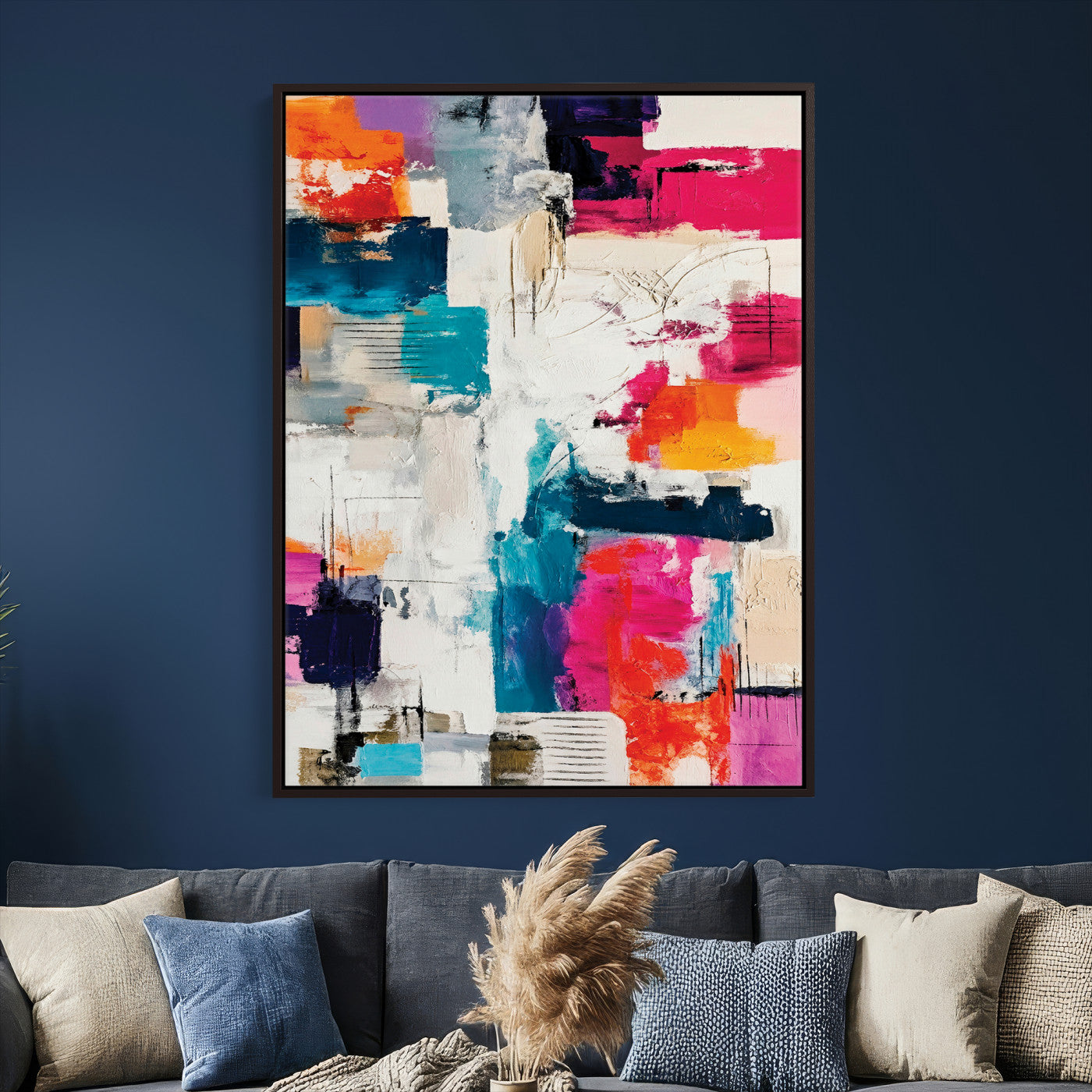 83175929-MGV-CV-24X36 - Blue Teal Abstract Canvas Wall Art Print - Modern Textured Painting Print, Navy Orange White Contemporary Art, Neutral Living Room Decor, Office Art