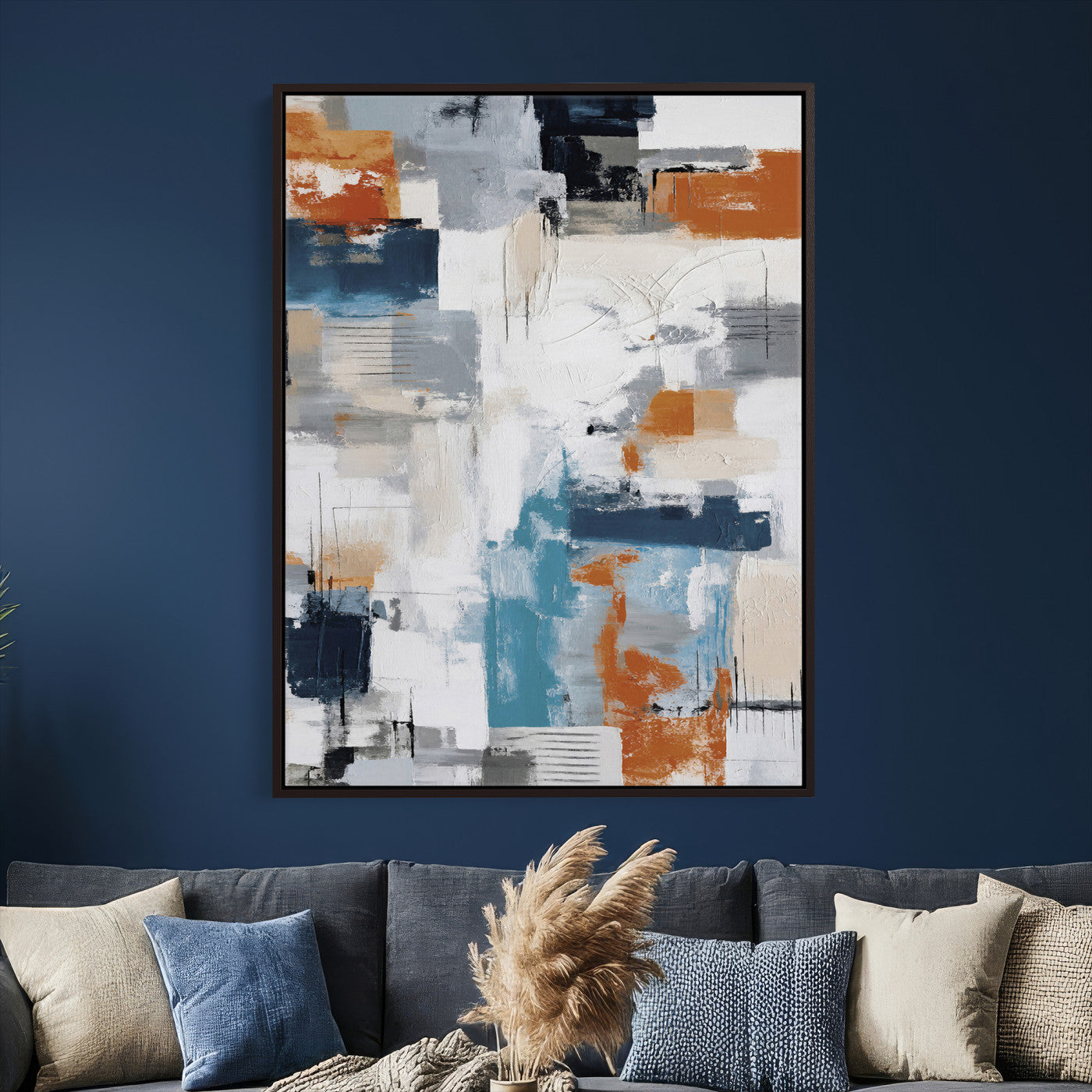 39825760-MGV-CV-24X36 - Blue Teal Abstract Canvas Wall Art, Modern Textured Painting Print, Navy Orange White Contemporary Art, Neutral Living Room Decor, Office Art