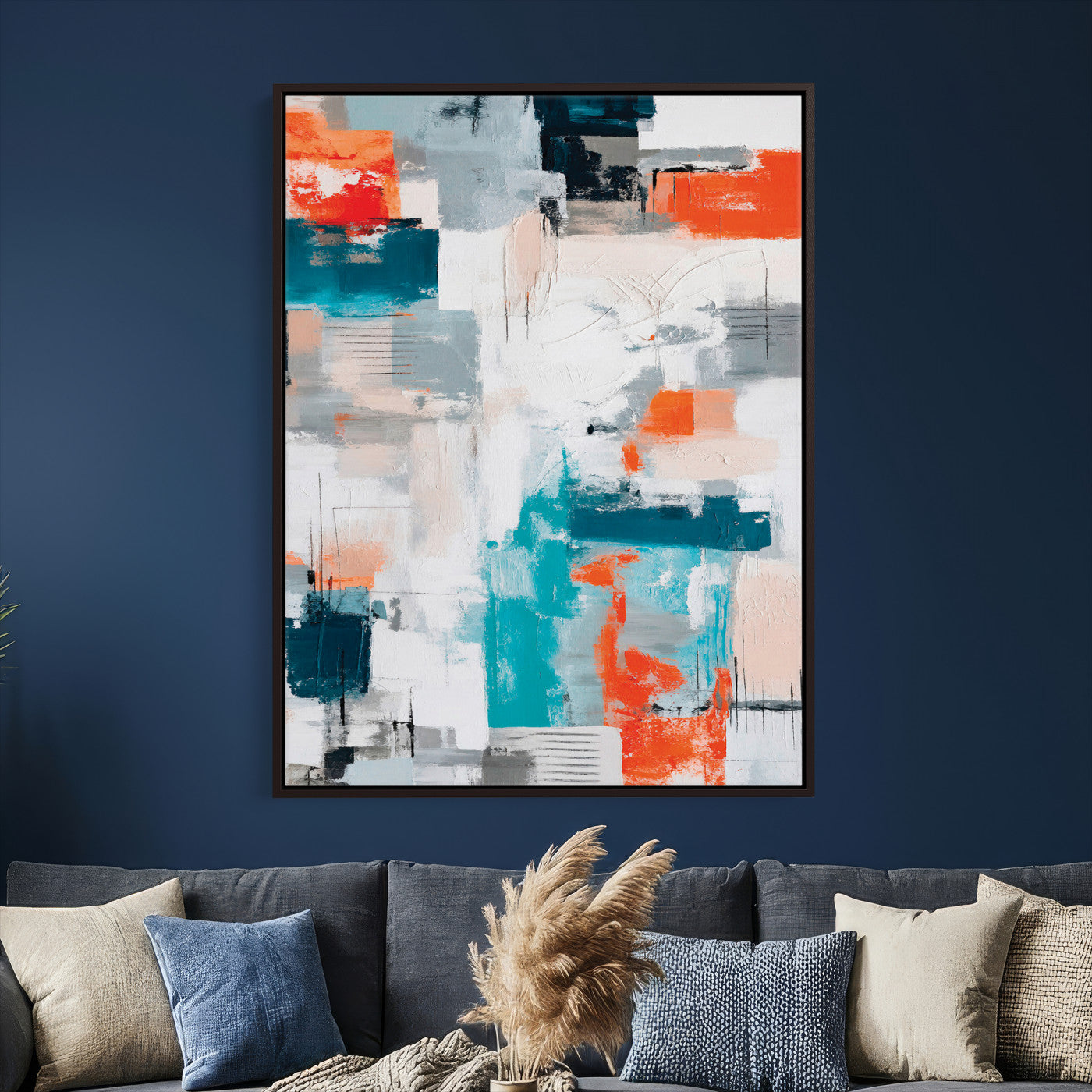 39825760-MGV-CV-24X36 - Blue Teal Abstract Canvas Wall Art - Modern Textured Painting Print, Navy Orange White Contemporary Art, Neutral Living Room Decor, Office Art