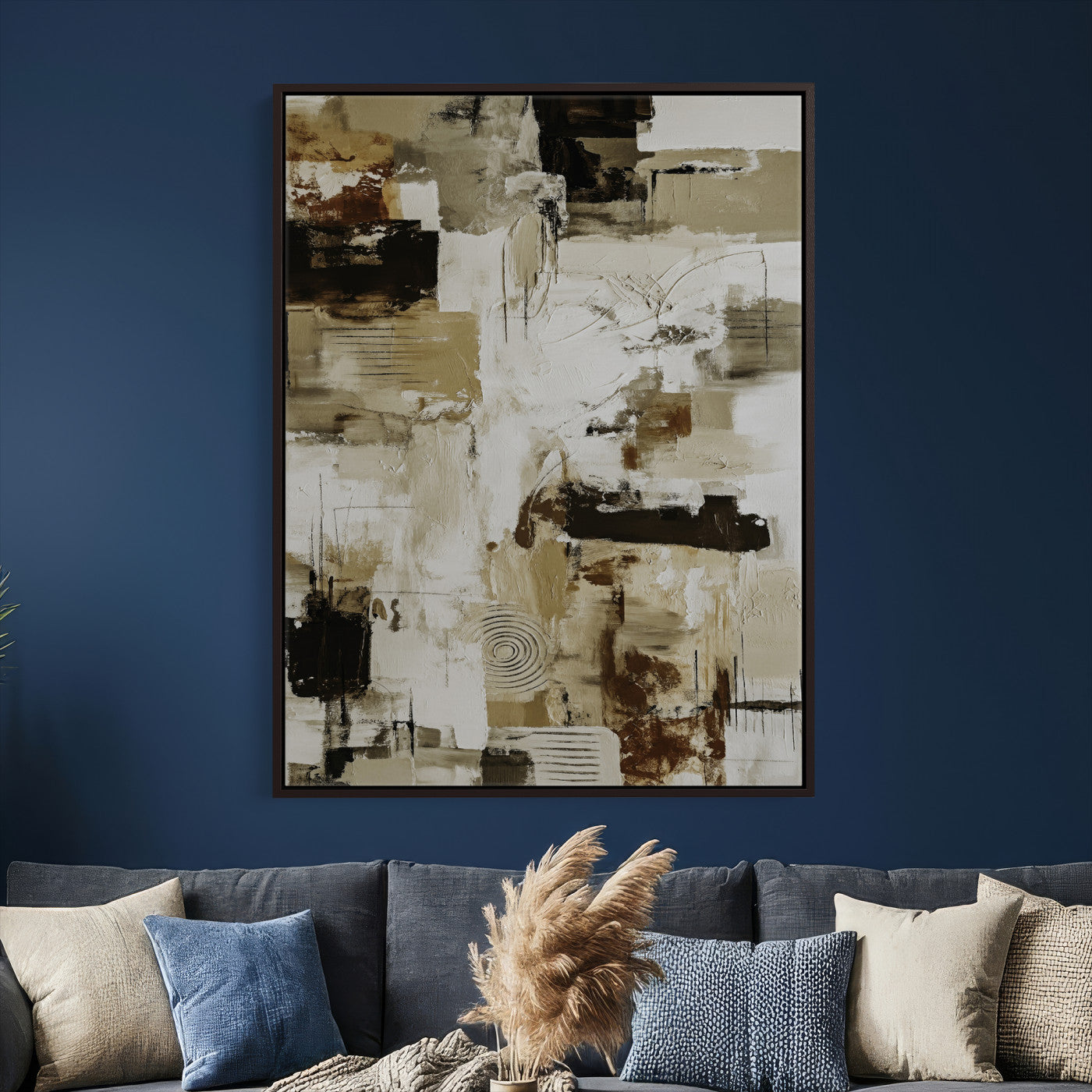 90644187-MGV-CV-24X36 - Blue Teal Abstract Canvas Wall Art, Modern Textured Painting Print, Navy Orange White Contemporary Art, Neutral Living Room Decor, Office Art