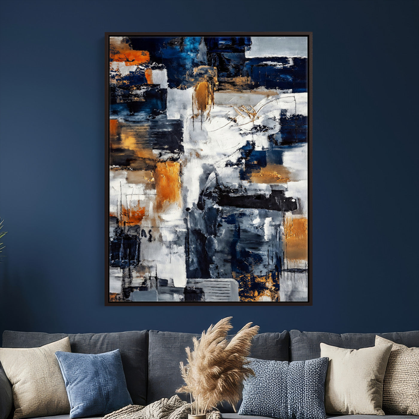 85264820-MGV-CV-24X36 - Blue Teal Abstract Canvas Wall Art, Modern Textured Painting Print, Navy Orange White Contemporary Art, Neutral Living Room Decor, Office Art