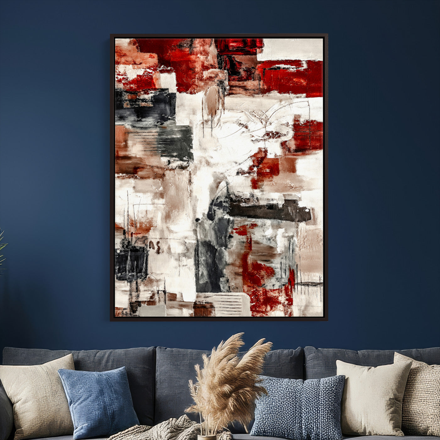 23953633-MGV-CV-24X36 - Blue Teal Abstract Canvas Wall Art | Modern Textured Painting Print, Navy Orange White Contemporary Art, Neutral Living Room Decor, Office Art