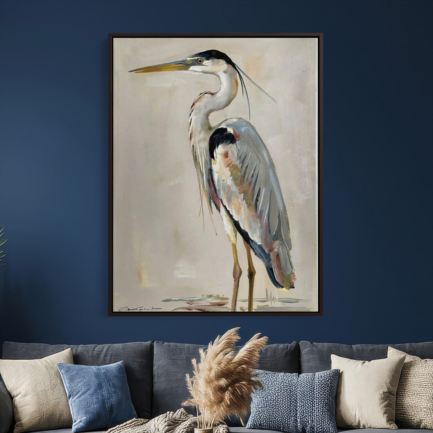 66936694-MGV-CV-24X36 - Great Blue Heron Canvas Wall Art Coastal Bird Oil Painting Print