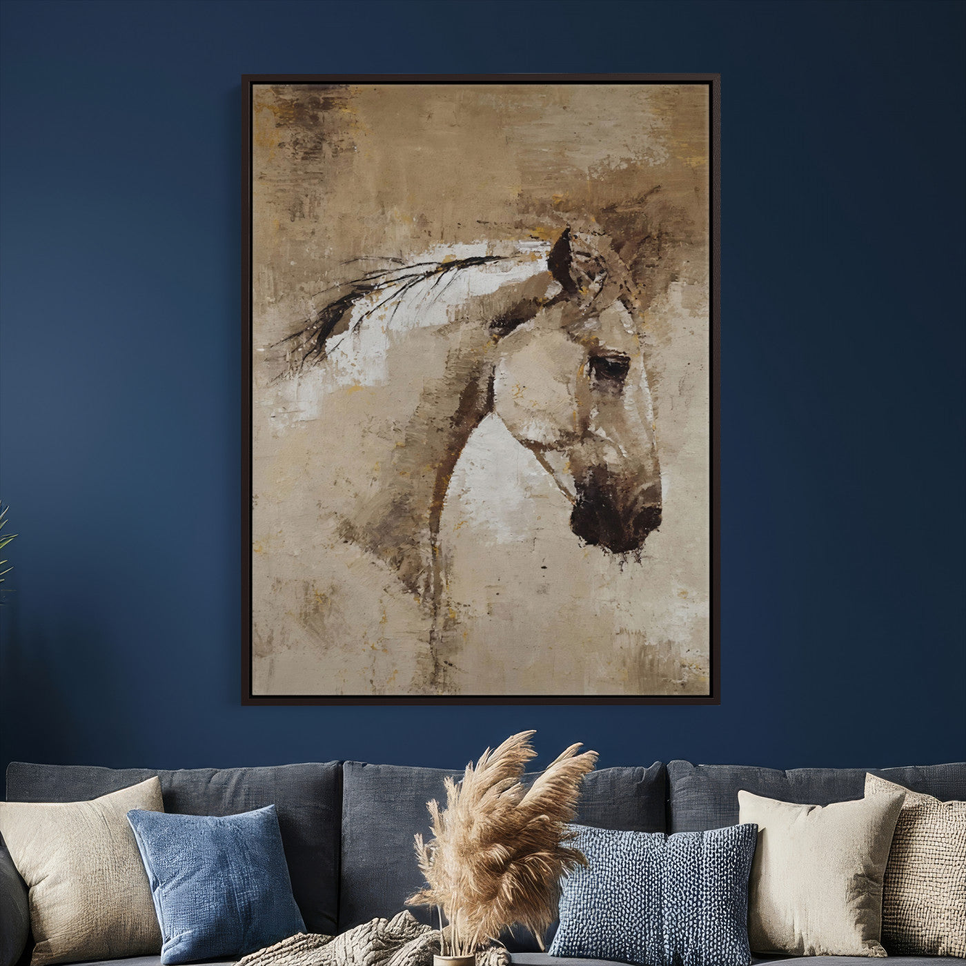48488295-MGV-CV-24X36 - Rustic Horse Canvas Wall Art Neutral Tone Equestrian Oil Painting Print