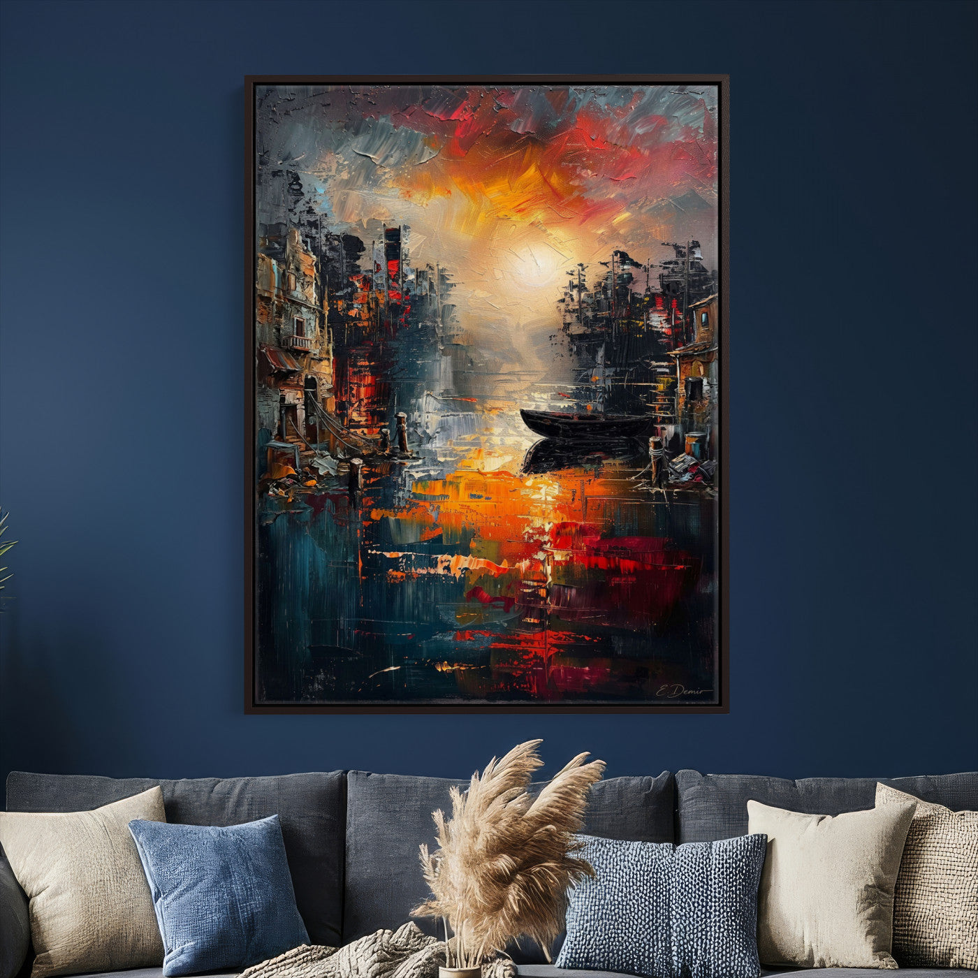 16611381-MGV-CV-24X36 - Vibrant Sunset Harbor Canvas Wall Art Abstract Cityscape Oil Painting Print