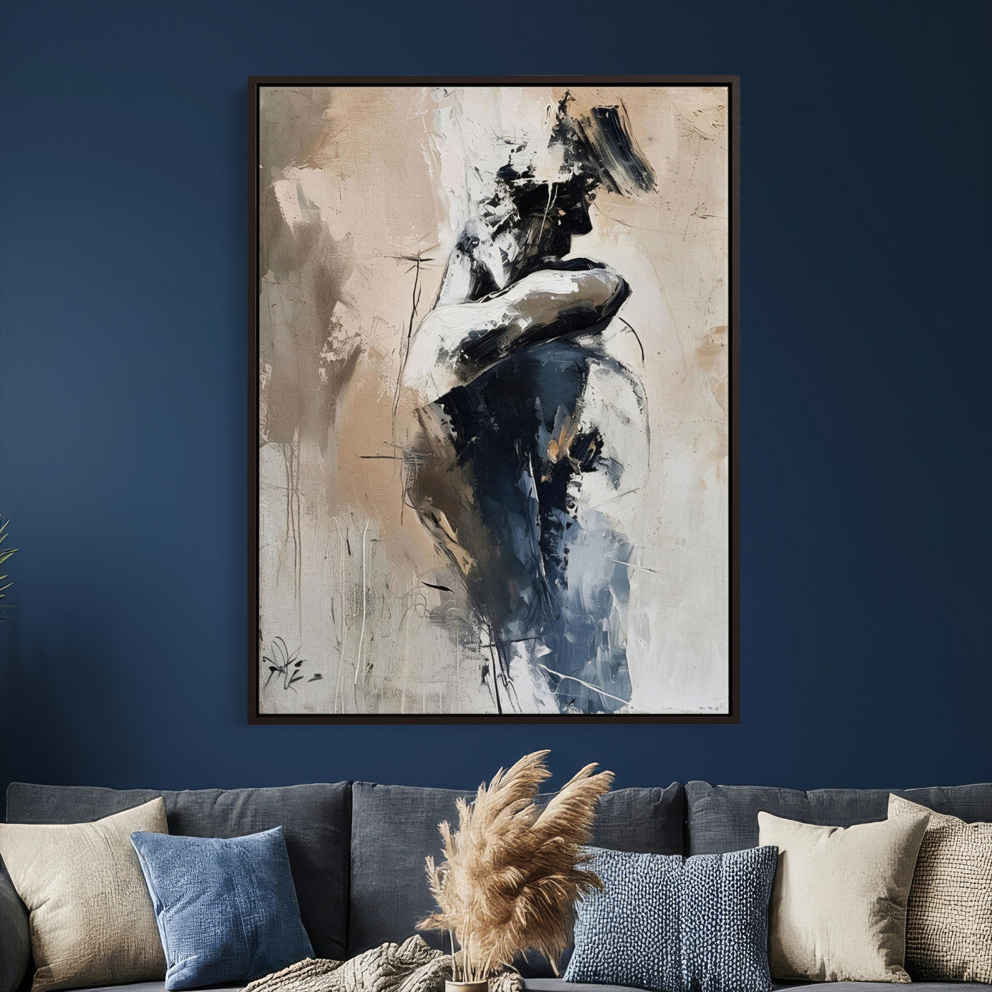 60223455-MGV-CV-24X36 - Monochrome Figurative Abstract Canvas Wall Art Moody Figure Oil Painting Print