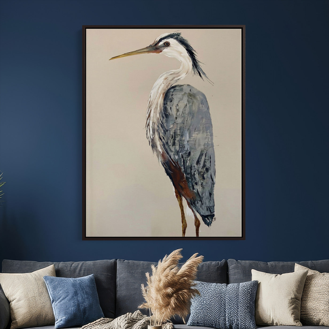 80349996-MGV-TP-24X36 - Great Blue Heron Canvas Wall Art - Coastal Bird Oil Painting Print for Home Wall Decor
