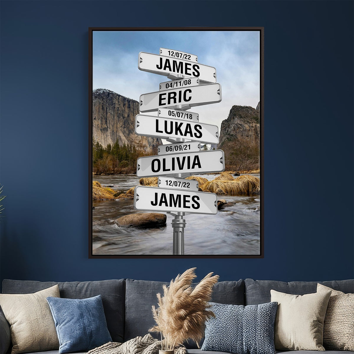 Personalized Family Name Street Sign Canvas Print with Mountain River View