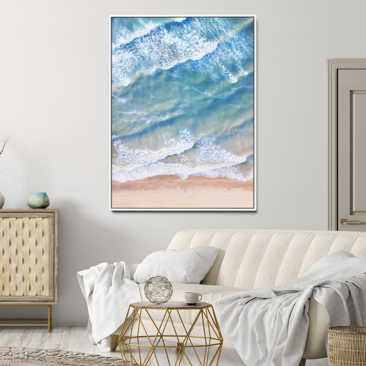 Aerial Ocean Wall Art Canvas Print, Soft Blue Waves Print, Framed Soft Blue Waves Canvas