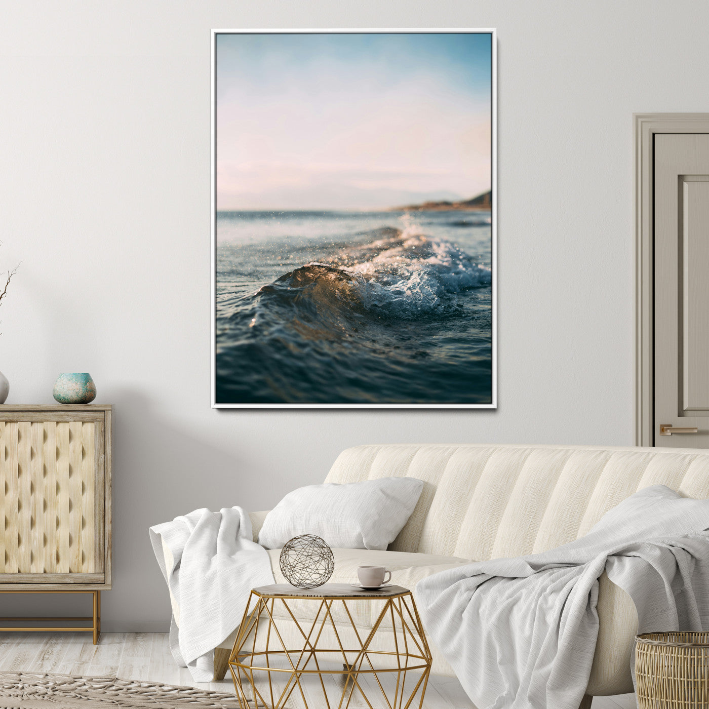 Ocean Waves Wall Art Canvas Print, Framed Coastal Serenity Wall Art Print, Golden Hour Perfect Modern Coastal Decor Artwork