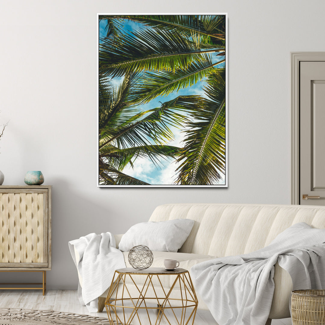 Palm Leaves Wall Art Canvas Print, Framed Tropical Vibes Art Picture Print, Green Foliage Perfect Tropical Boho Decor Artwork