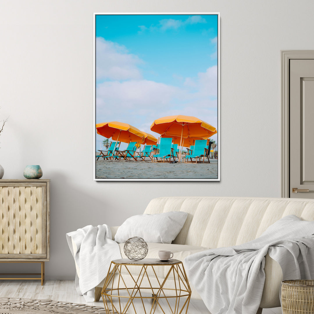 Beach Umbrellas Wall Art Canvas Print, Framed Coastal Vibes Art Picture Print, Tropical Paradise Perfect Coastal Boho Decor Artwork