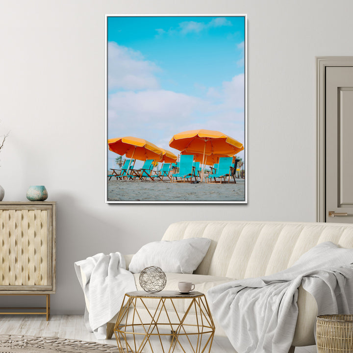 Beach Umbrellas Wall Art Canvas Print, Framed Coastal Vibes Art Picture Print, Tropical Paradise Perfect Coastal Boho Decor Artwork