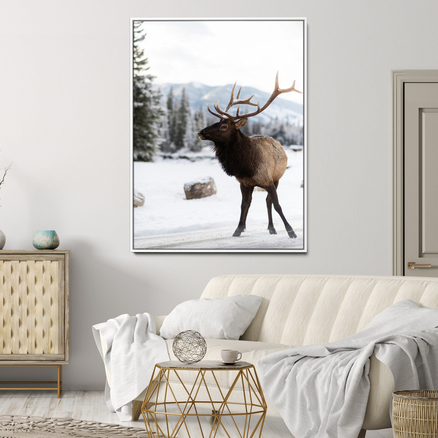 Elk Photography Wall Art Canvas Print, Framed Winter Wildlife Art Picture Print, Snowy Mountains Perfect Rustic Cabin Decor Decor Artwork