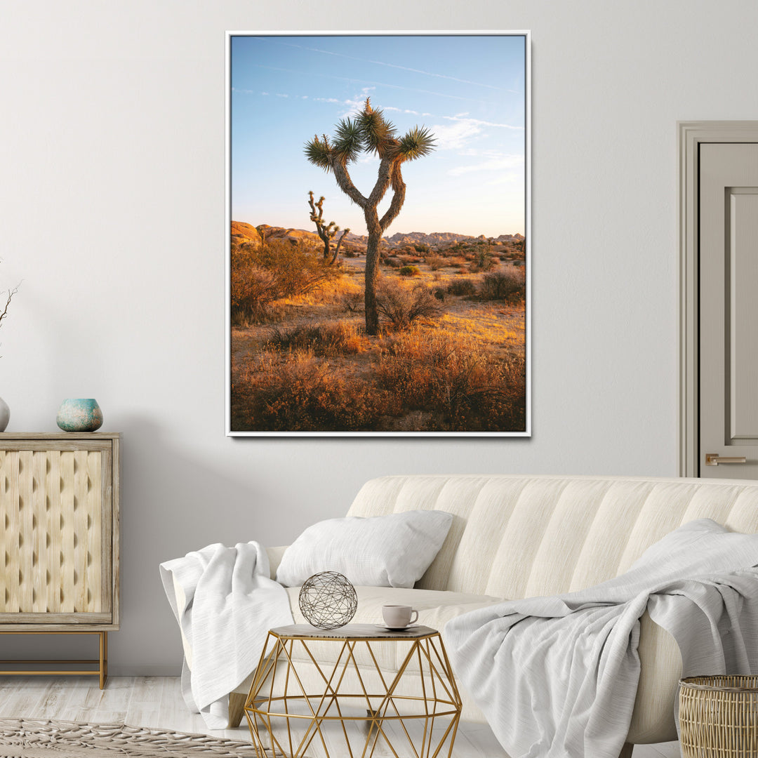 Framed Joshua Tree Print, Golden Hour Desert Print, Framed Sunset Glow Art Print, Large Arid Terrain Printing Southwestern
