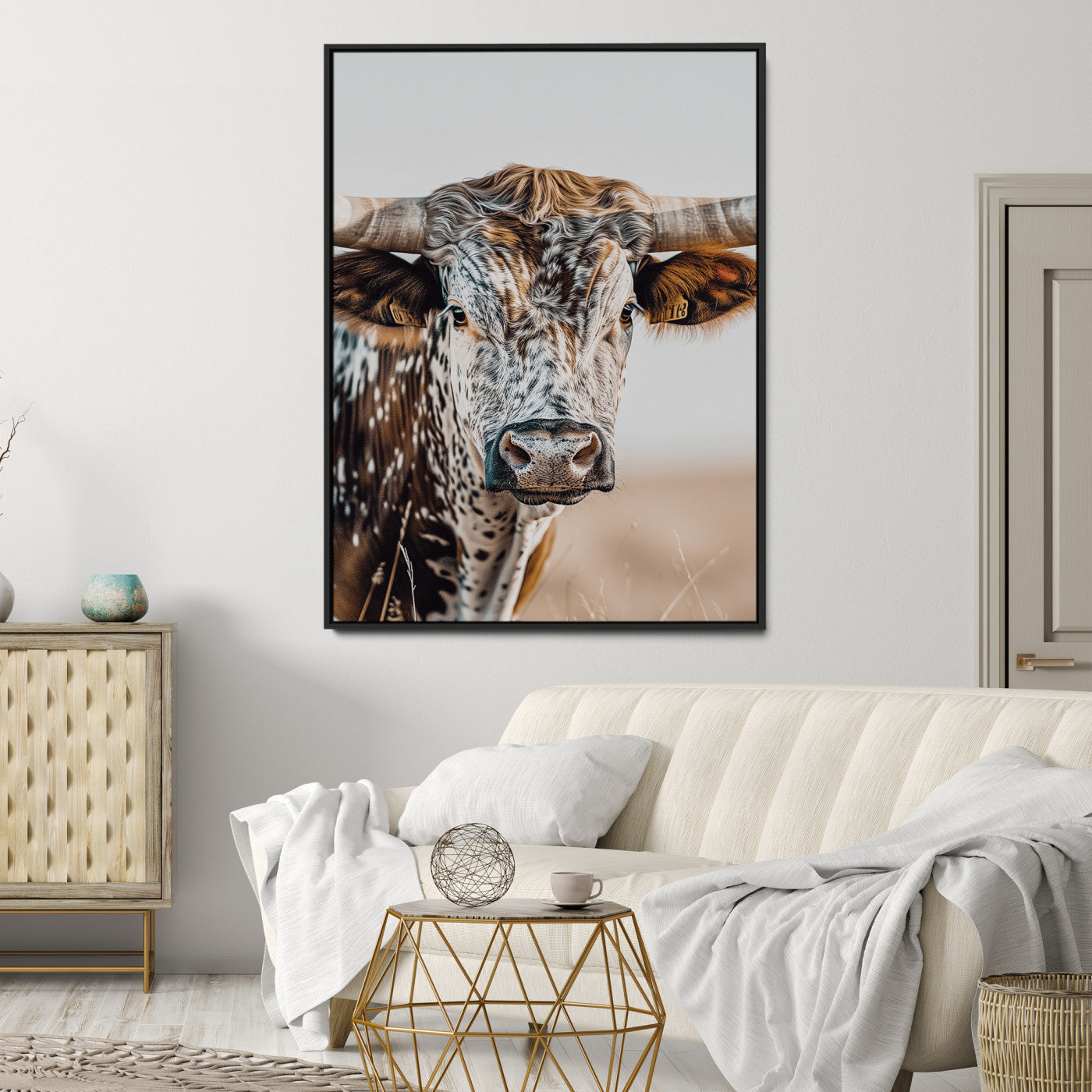 Texas Longhorn Wall Art Canvas Print, Framed Speckled Cow Art Picture Print, Horned Bull Perfect Rustic Western Decor, Texas Longhorn Canvas