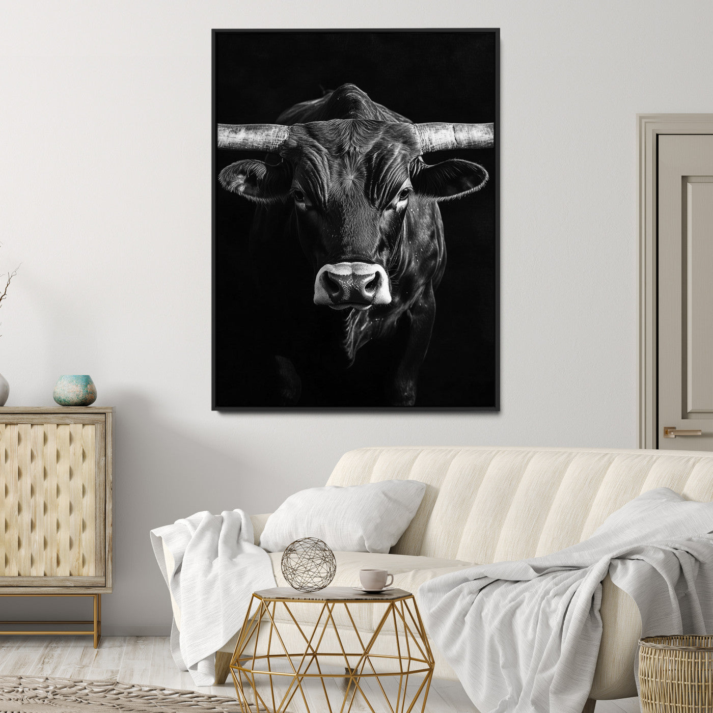 Texas Longhorn Wall Art Canvas Print, Framed Monochrome Bull Art Picture Print, Texas Bull Wall Art Canvas Print