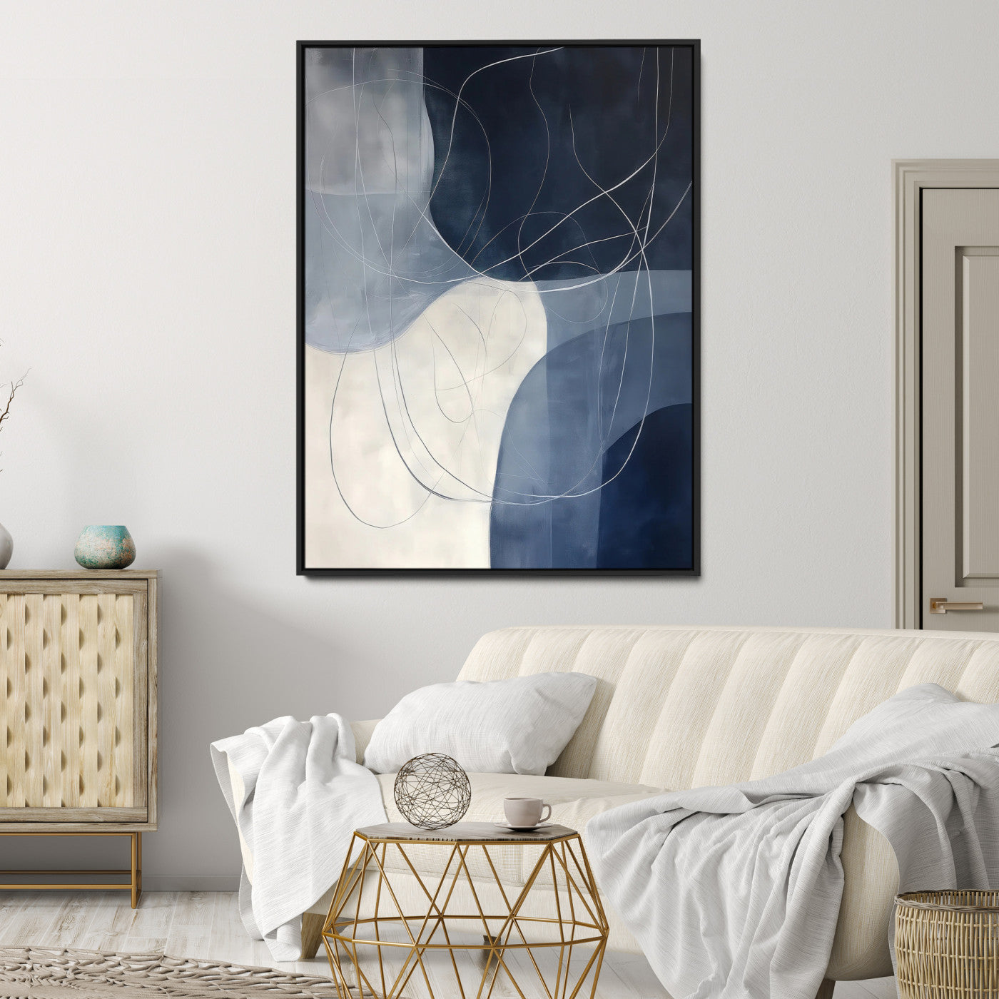 Navy Abstract Wall Art Canvas Print, Framed Minimal Lineart Art Picture Print, Abstract Shapes Perfect Minimalist Abstract Decor Artwork