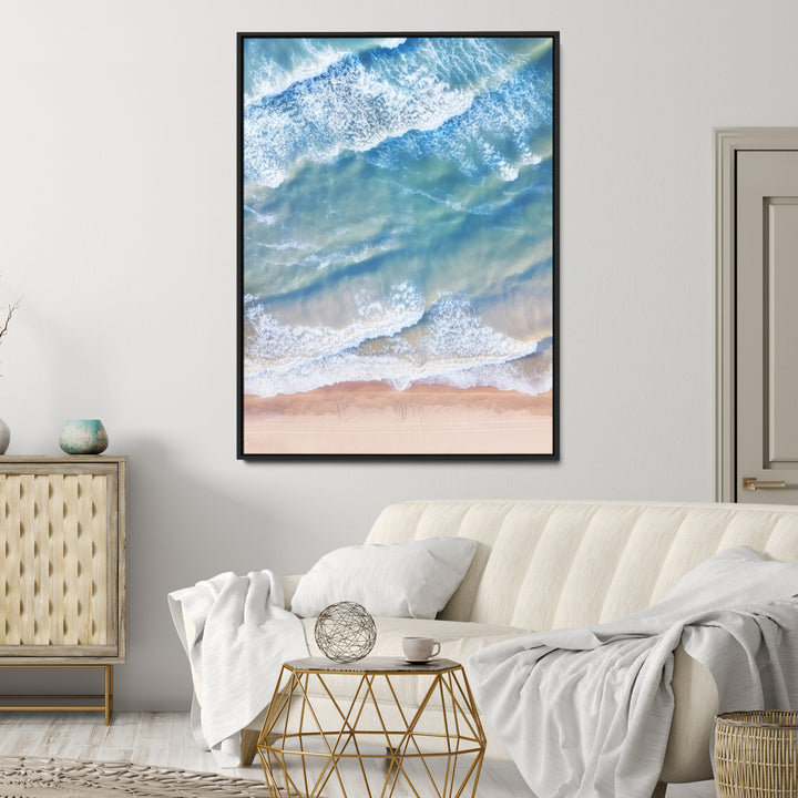 Aerial Ocean Wall Art Canvas Print, Soft Blue Waves Print, Framed Soft Blue Waves Canvas