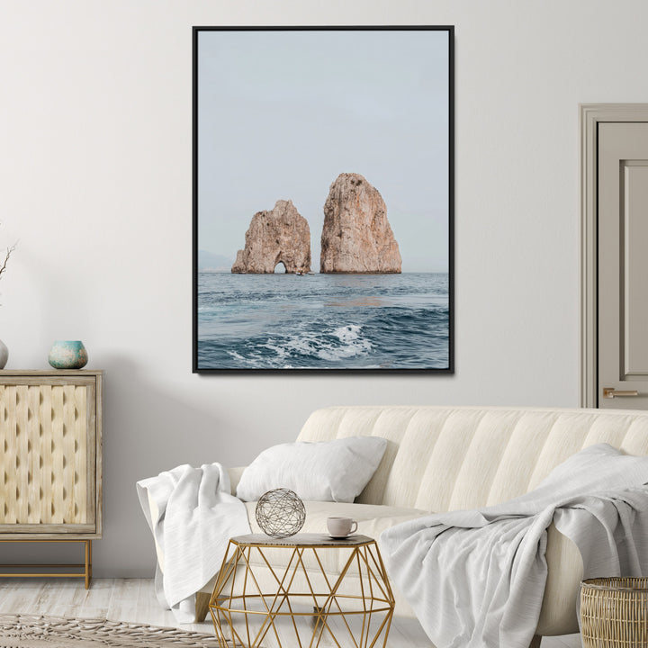 Faraglioni Capri Wall Art Canvas Print, Serene Ocean Print, Framed Mediterranean Coastal Art Print, Large Rocky Ocean Printing