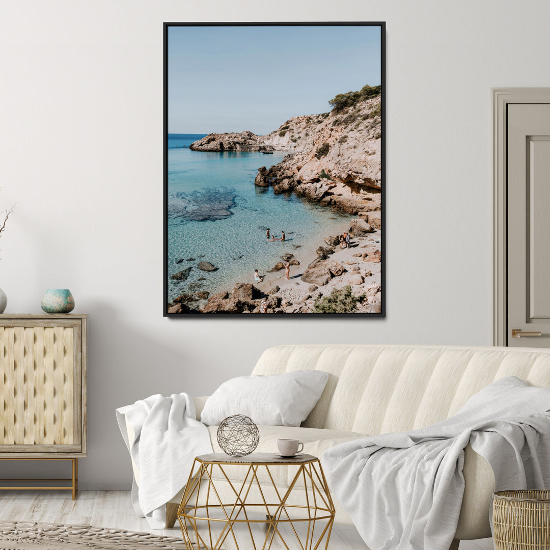 Turquoise Cove Wall Art Canvas Print, Ibiza Beach Print, Framed Mediterranean Shore Art Print, Large Clear Shoreline Printing Boho