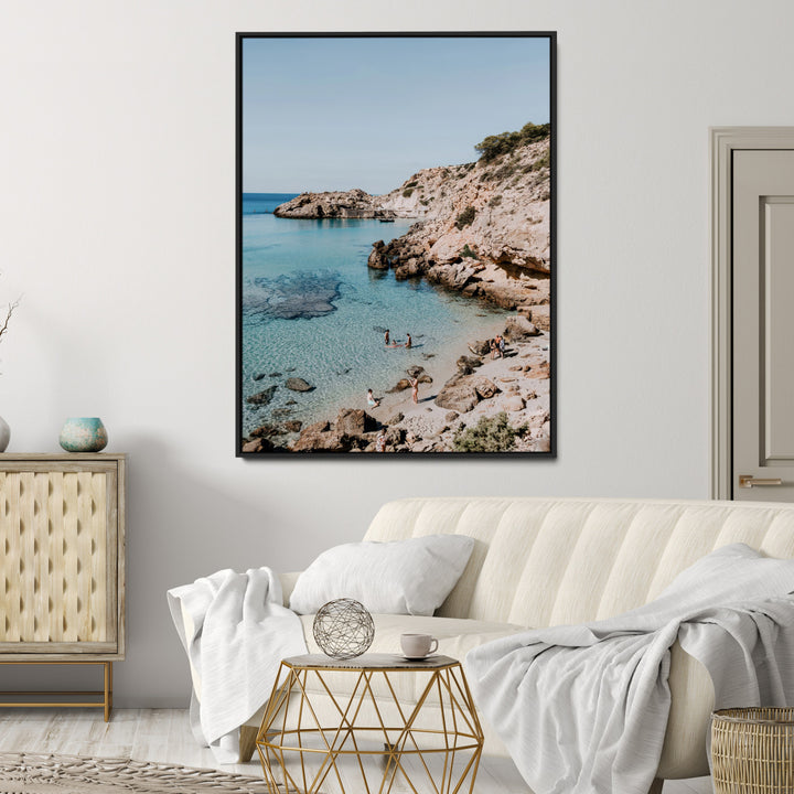 Turquoise Cove Wall Art Canvas Print, Ibiza Beach Print, Framed Mediterranean Shore Art Print, Large Clear Shoreline Printing Boho