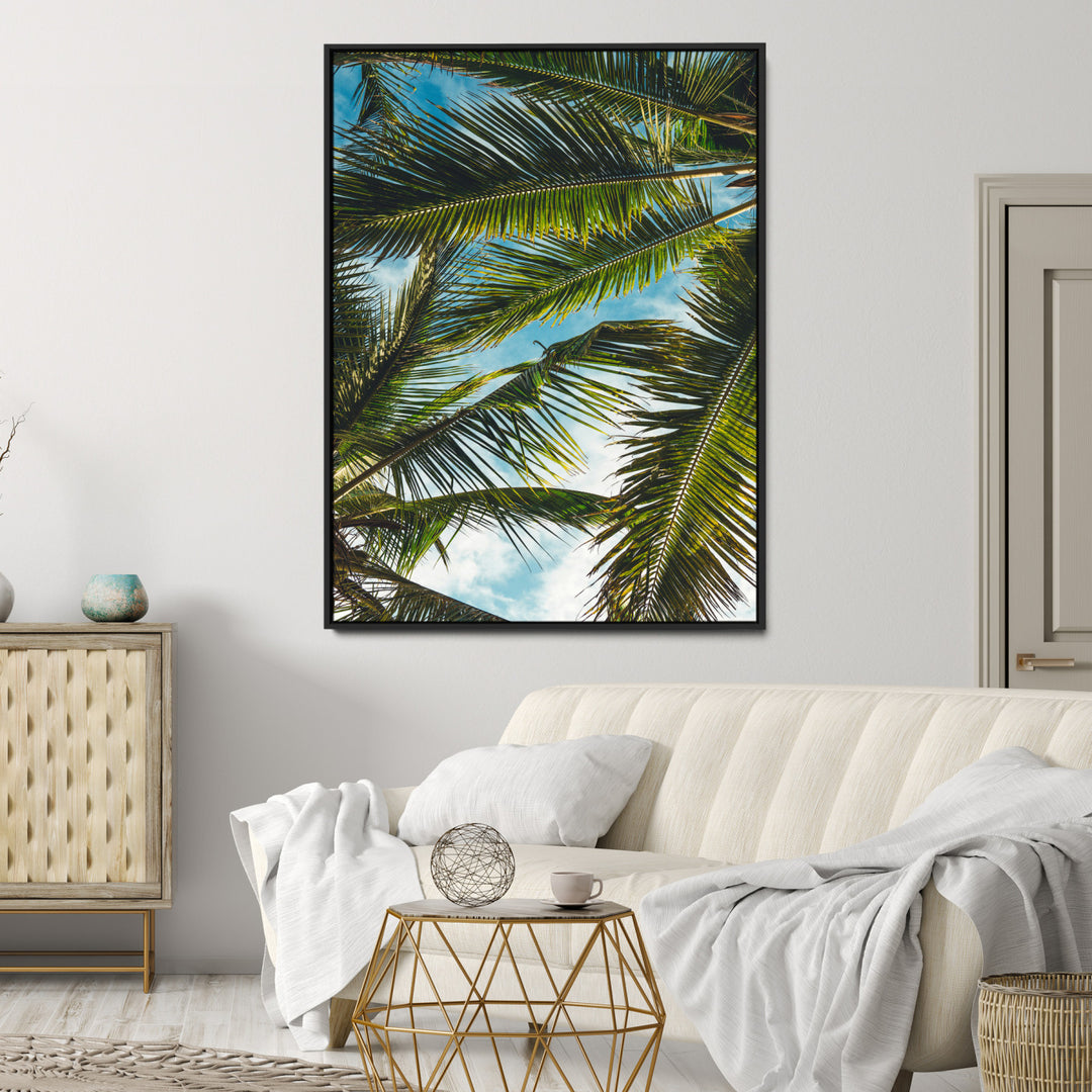 Palm Leaves Wall Art Canvas Print, Framed Tropical Vibes Art Picture Print, Green Foliage Perfect Tropical Boho Decor Artwork