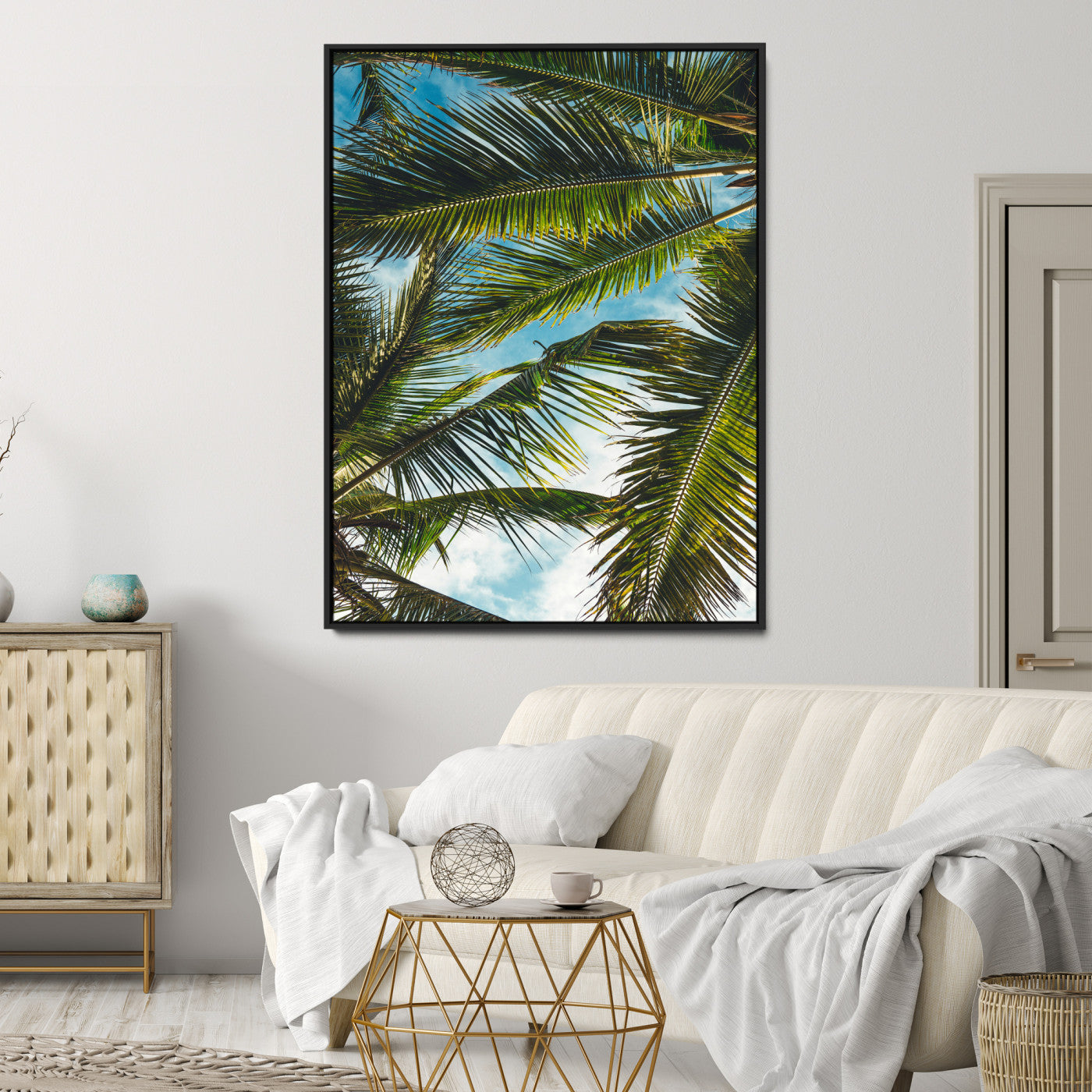 Palm Leaves Wall Art Canvas Print, Framed Tropical Vibes Art Picture Print, Green Foliage Perfect Tropical Boho Decor Artwork