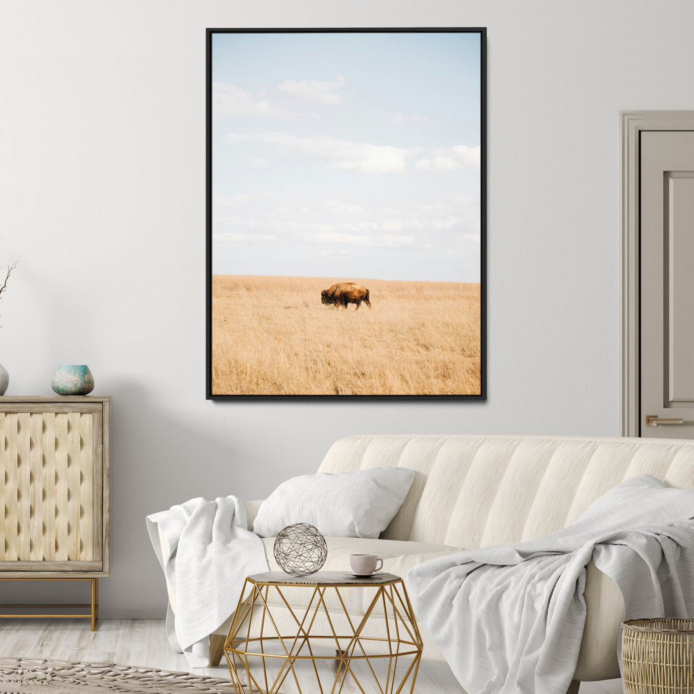 Minimalist Nature Wall Art Canvas Print, Framed Bison In Grassland Art Print, Open Field Perfect Modern Ranch Decor Decor Artwork