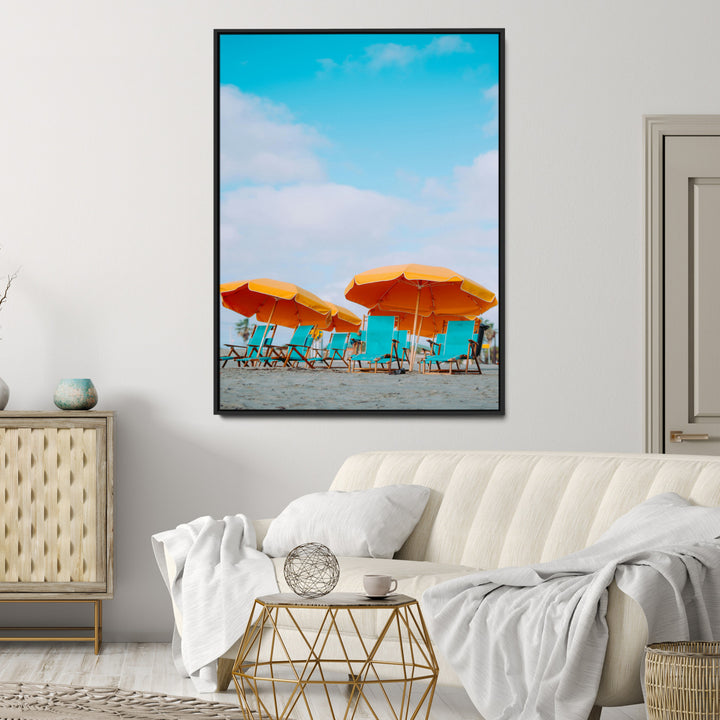 Beach Umbrellas Wall Art Canvas Print, Framed Coastal Vibes Art Picture Print, Tropical Paradise Perfect Coastal Boho Decor Artwork