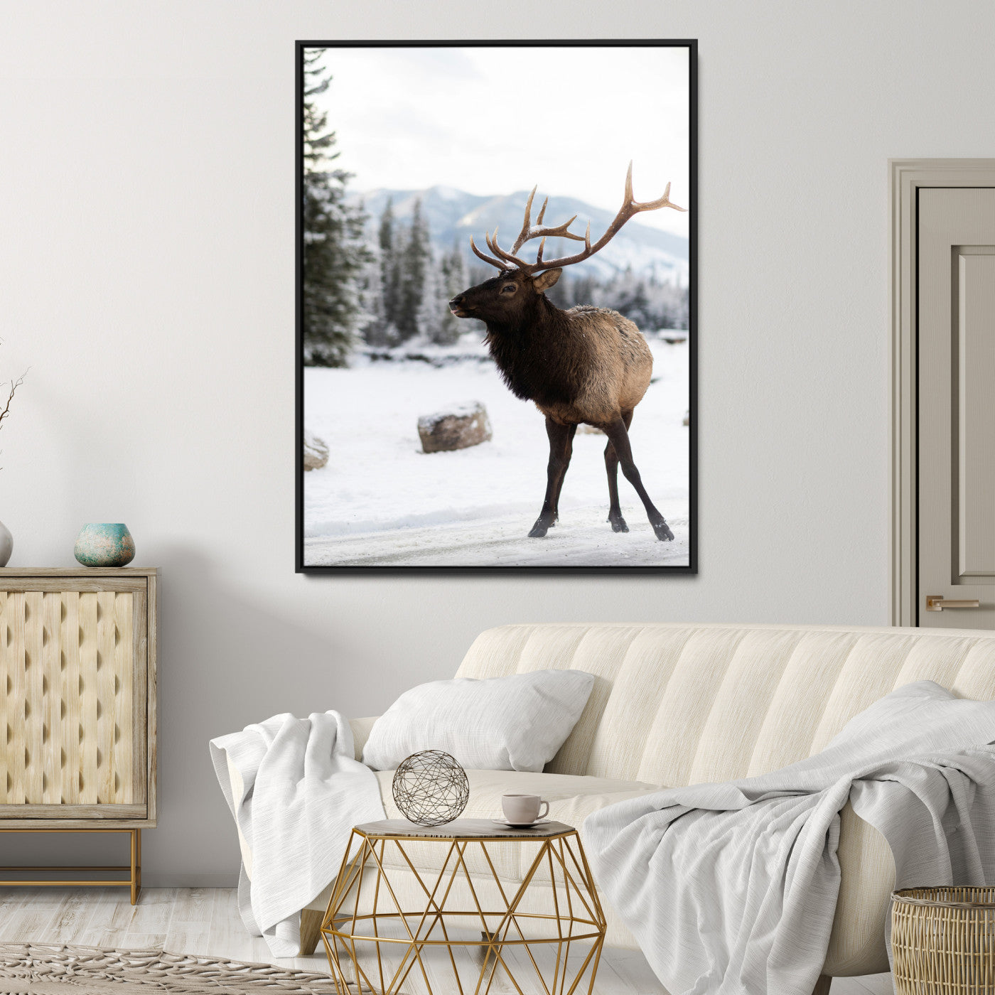 Elk Photography Wall Art Canvas Print, Framed Winter Wildlife Art Picture Print, Snowy Mountains Perfect Rustic Cabin Decor Decor Artwork