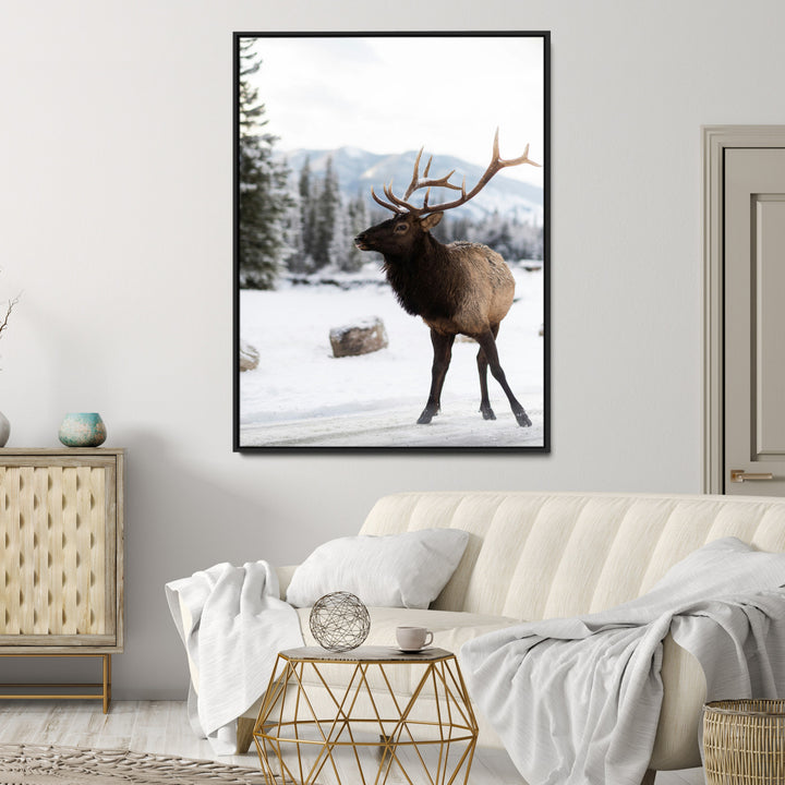 Elk Photography Wall Art Canvas Print, Framed Winter Wildlife Art Picture Print, Snowy Mountains Perfect Rustic Cabin Decor Decor Artwork