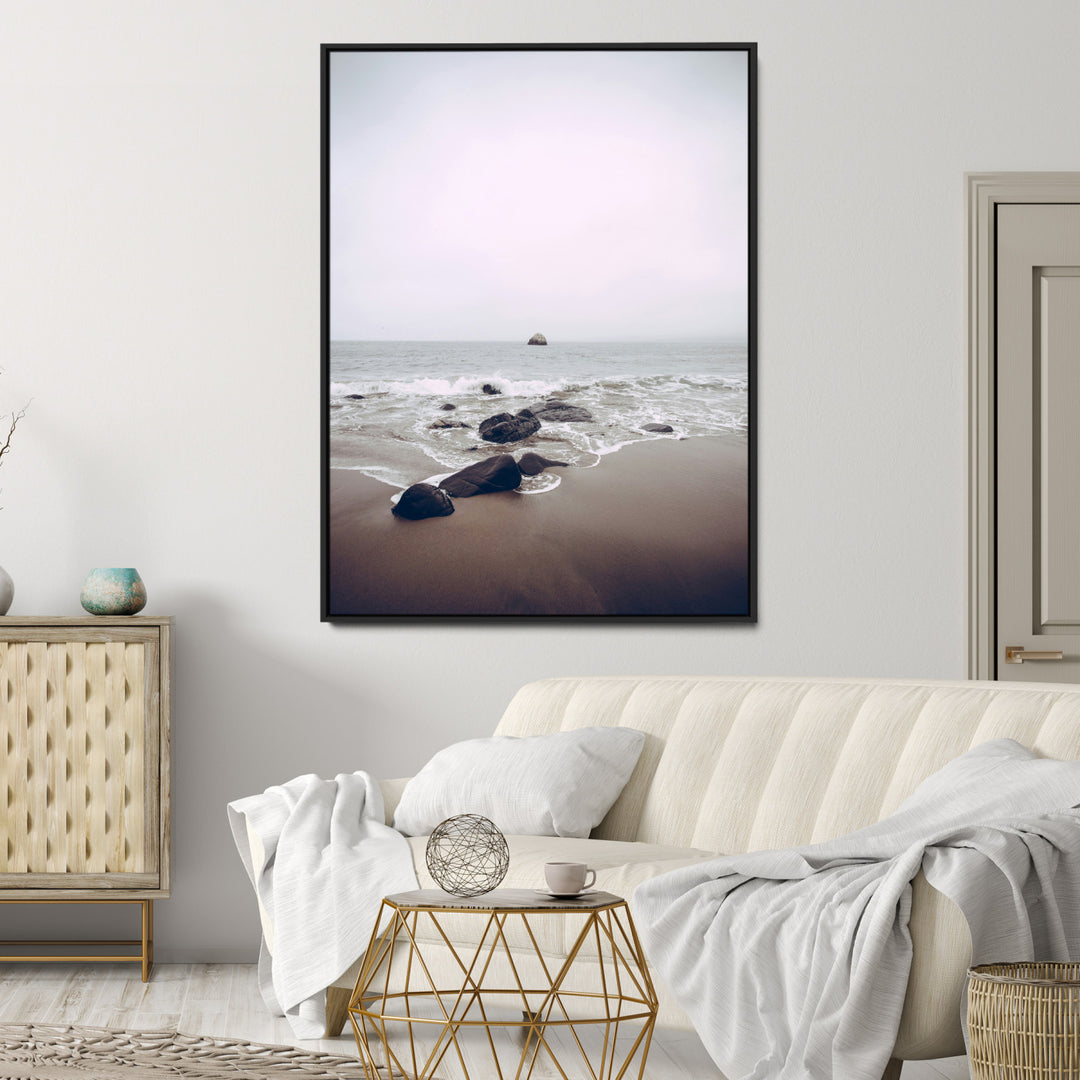 Moody Seascape Wall Art Canvas Print, Framed Neutral Beach Art Picture Print, Foggy Ocean Perfect Minimalist Decor Artwork