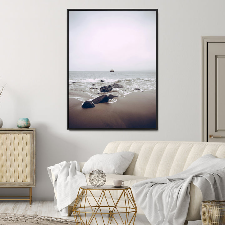 Moody Seascape Wall Art Canvas Print, Framed Neutral Beach Art Picture Print, Foggy Ocean Perfect Minimalist Decor Artwork