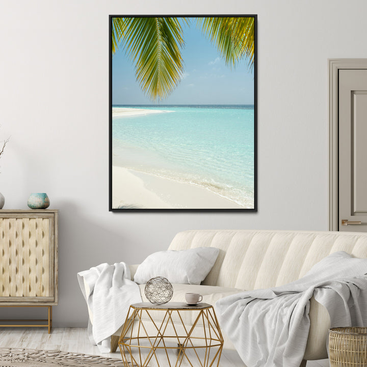 Azure Water Wall Art Canvas Print, Framed Tranquil Island Escape Art Picture Print, Clear Blue Ocean Wall Art Coastal Minimalist Decor