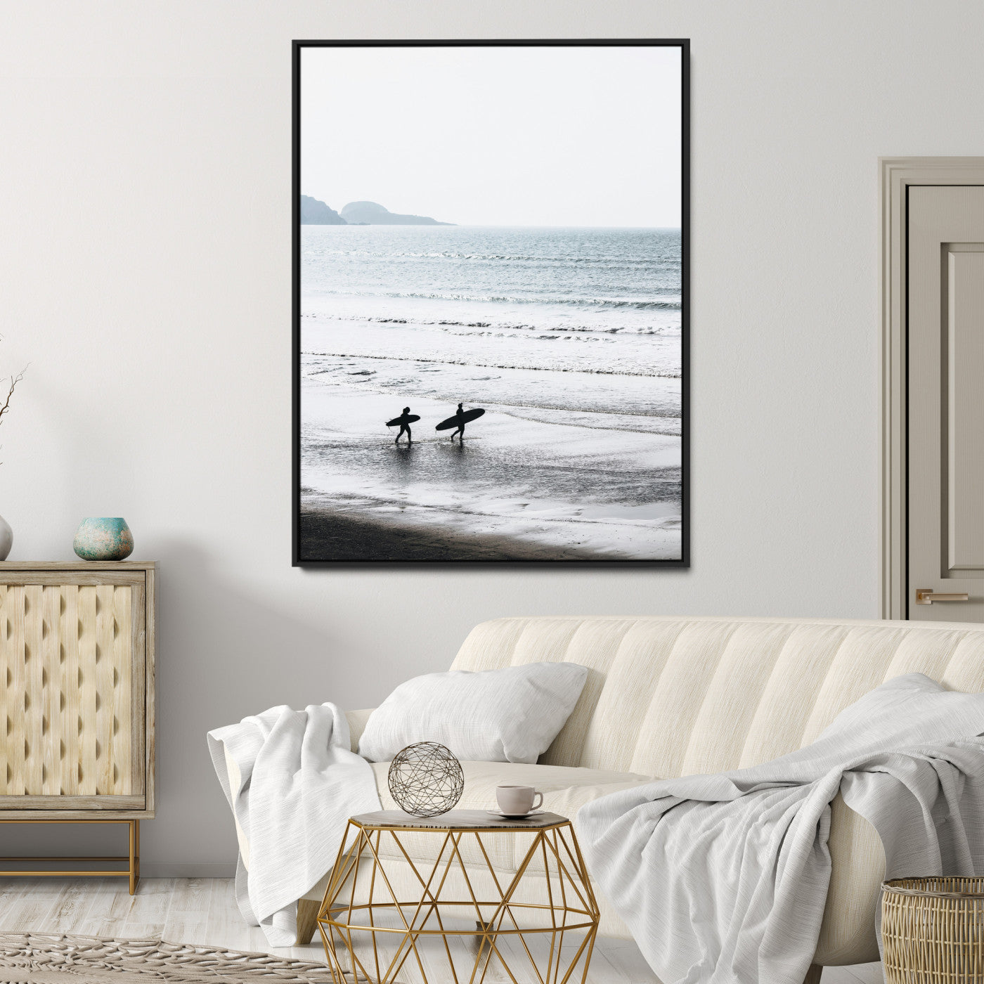 Surfer Silhouettes Wall Art Canvas Print, Framed Minimalist Ocean Art Picture Print