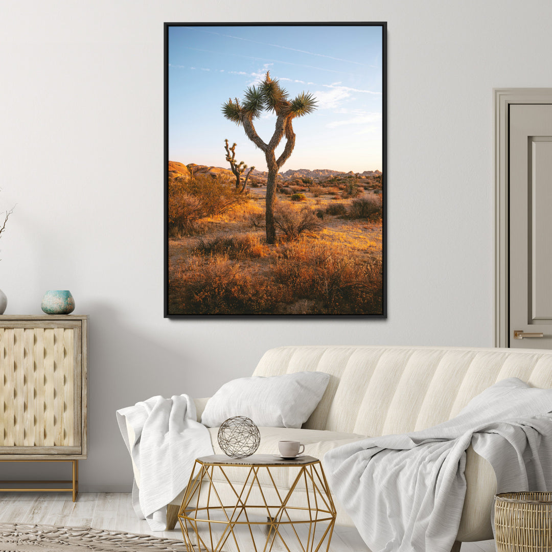 Framed Joshua Tree Print, Golden Hour Desert Print, Framed Sunset Glow Art Print, Large Arid Terrain Printing Southwestern