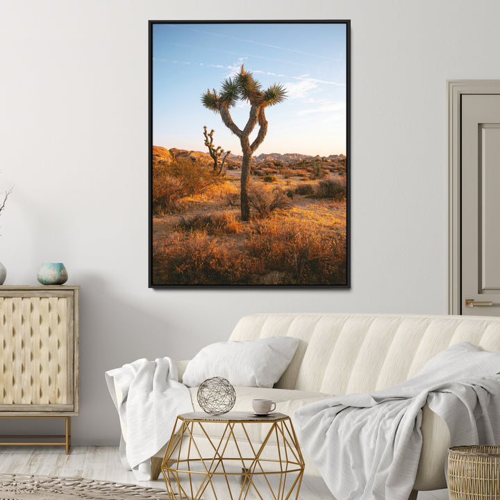 Framed Joshua Tree Print, Golden Hour Desert Print, Framed Sunset Glow Art Print, Large Arid Terrain Printing Southwestern