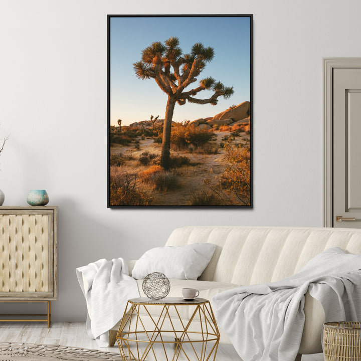 Joshua Tree Artwork Canvas Print, Desert Sunset Print, Framed Golden Hour Light Art Print, Large Southwestern Landscape Printing, Framed