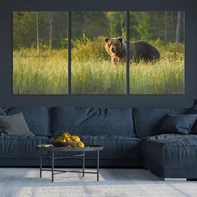 A museum-quality triptych wall art, titled "Wild Bears in Nature Canvas Print," elegantly decorates the living room.