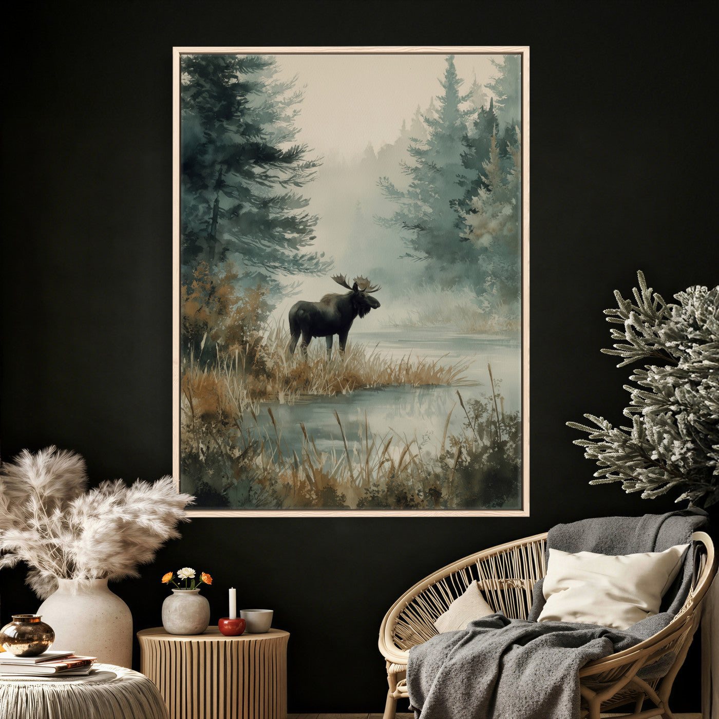 78345154-MGV-CV-24X36 - Watercolor Abstract Moose Forest Wall Art Canvas Print – Wildlife Nature Artwork Print for Living Room, Cabin, and Office Decor