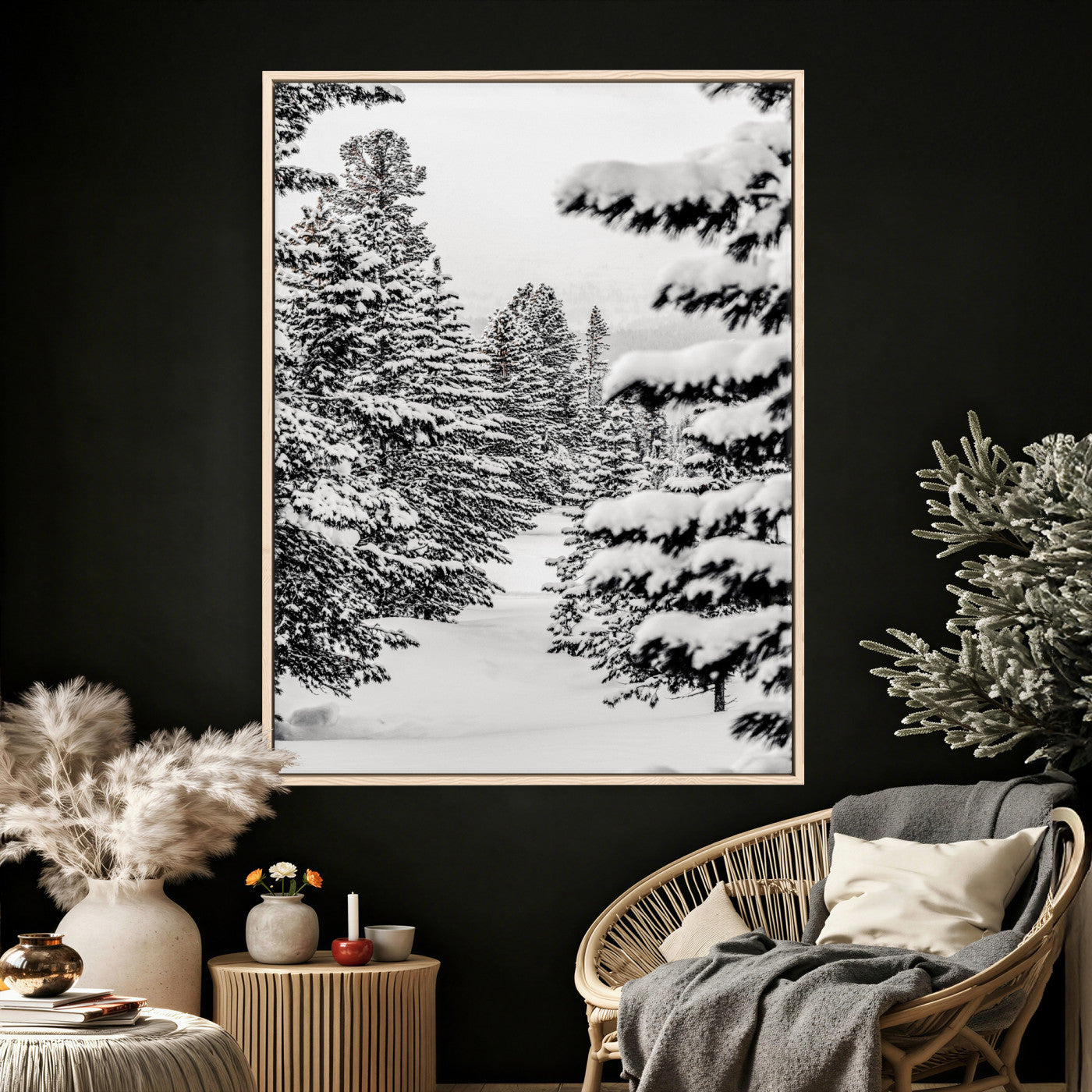 42534505-MGV-CV-24X36 - Snowy Pine Forest Wall Art Canvas Print, Minimal Winter Woodland Landscape, Black and White Nature Artwork
