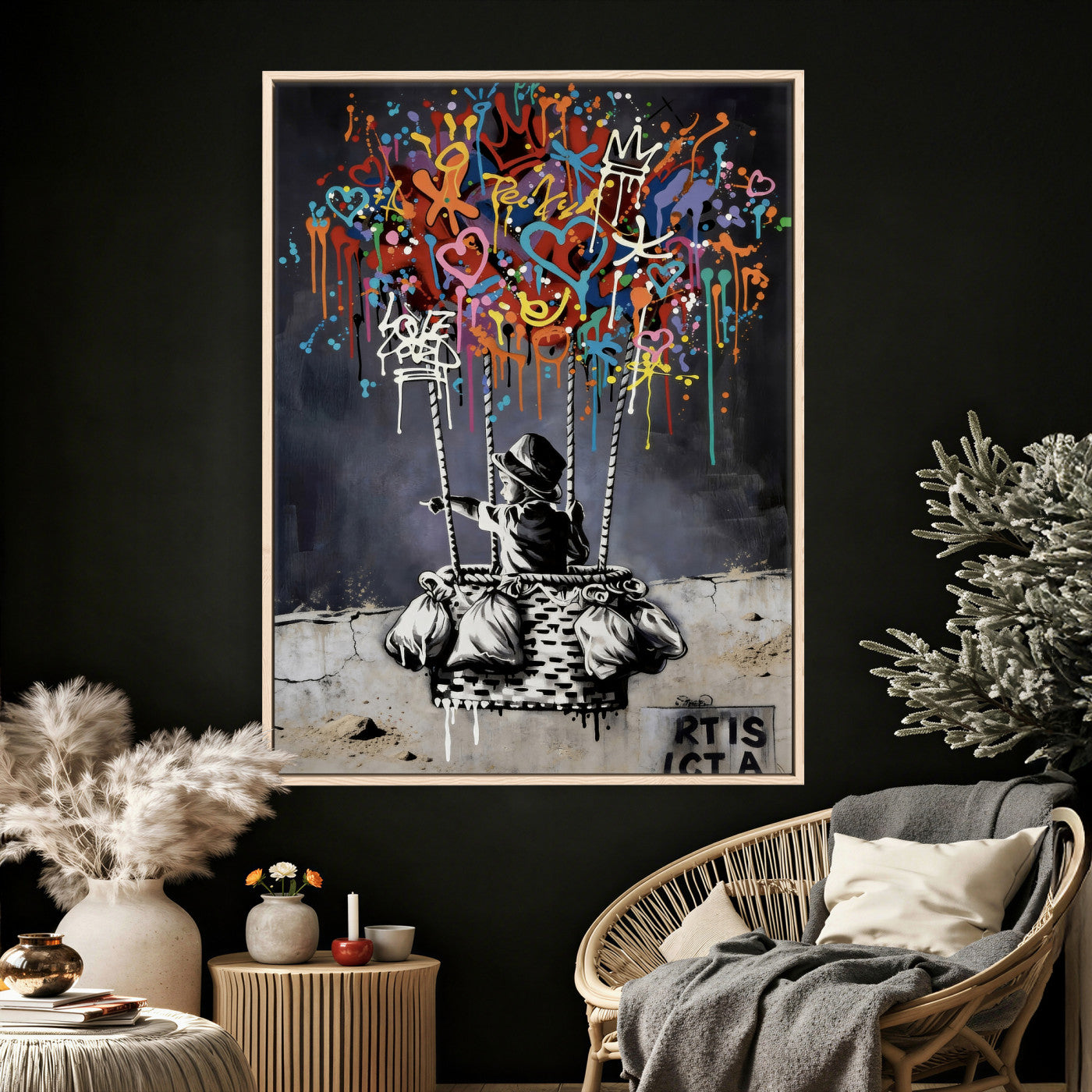 56325542-MGV-CV-24X36 - Banksy Inspired Boy Swing Wall Art Canvas Print, Graffiti Balloon Hearts Street Art, Colorful Urban Mural Artwork for Modern Living Room Decor