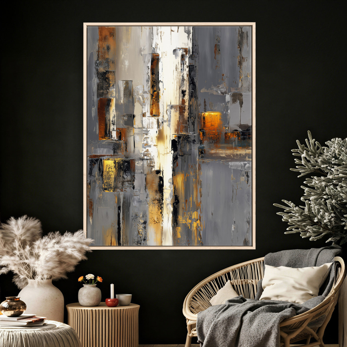 35992080-MGV-CV-24X36 - Abstract Urban Reflection Wall Art Canvas Print, Gold Black Modern Architecture Canvas Print, Contemporary Moody City Artwork for Living Room Decor